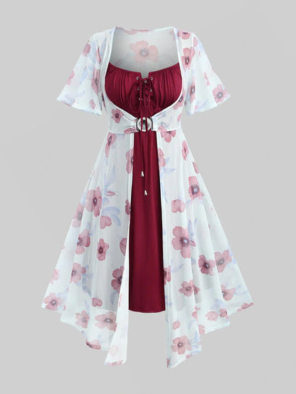 ROSEGAL Plus Size Flutter Sleeves Floral Dress and Lace-up A Line Cami Dress Set