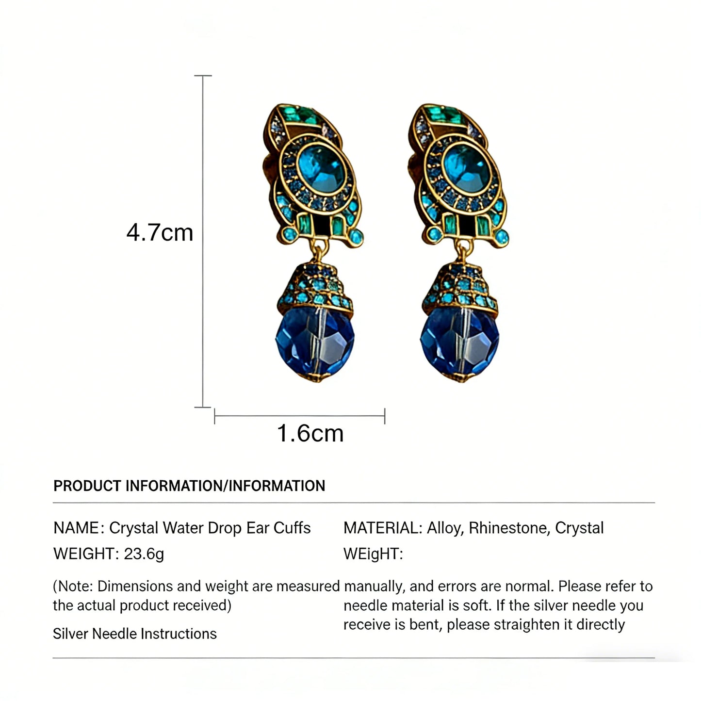 Vintage Non-Pierced Blue Crystal Teardrop Clip-On Earrings, French Luxe Palace Style, Elegant High-End Women's Earrings
