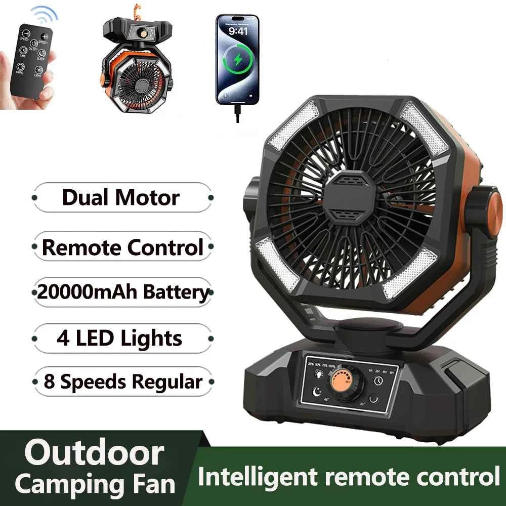 Camping Fan with 4 LED Lantern 8 Speeds Regular Time Desk Fan 20000mAh Battery Portable Outdoor Fan for Outdoor Camping Fishing