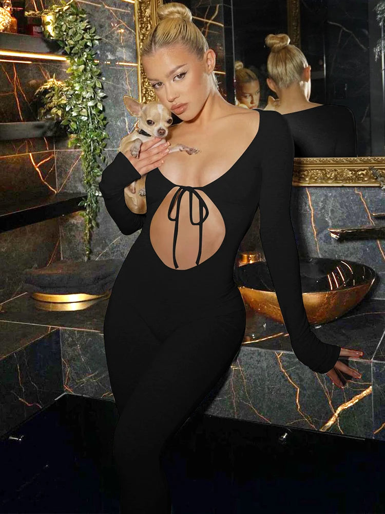 Dulzura Solid Pure Hole Hollow Out Straps Lace-Up Jumpsuit Long Sleeves 2023 Summer Autumn For Women Sexy Streetwear Wholesale - AMULET RING STORE