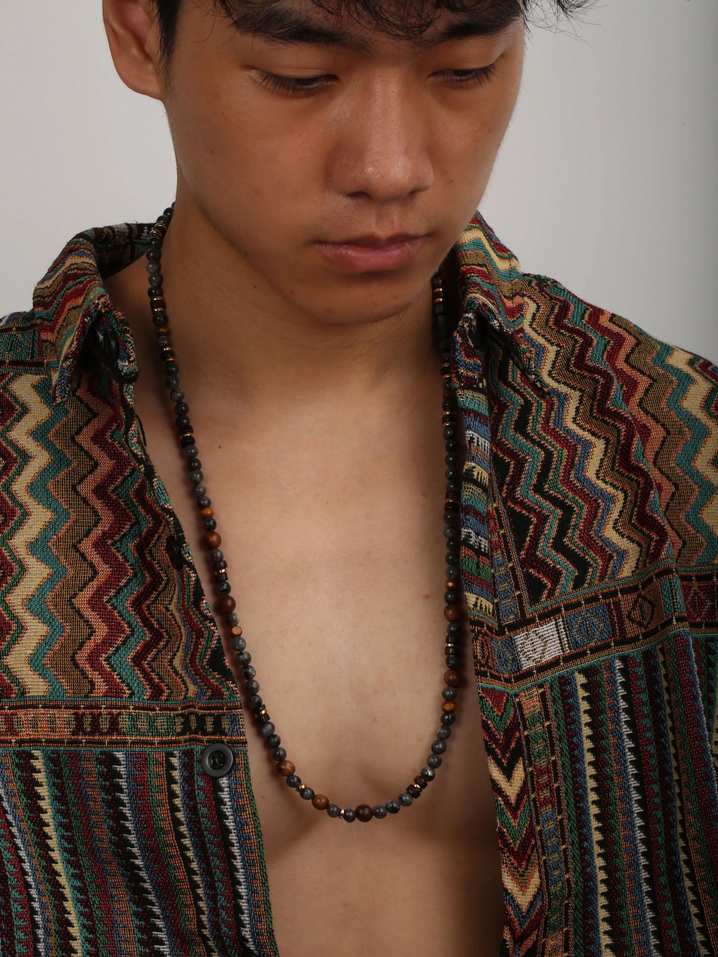 1PC Man's Vintage Bohemia Natural Flash Stone Long Beaded Necklace for Men Tribal Boho Long Wooden Beads Necklace Men Jewelry