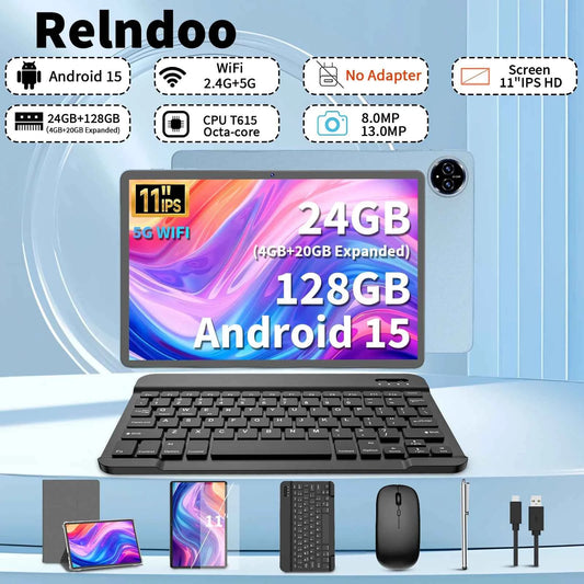 2025 Relndoo 11 Inch Android 15 Tablet , 24GB(4+20 Expanded) RAM+128GB ROM, IPS HD Screen, 5G WiFi, T615 Processor, GPS, Type C