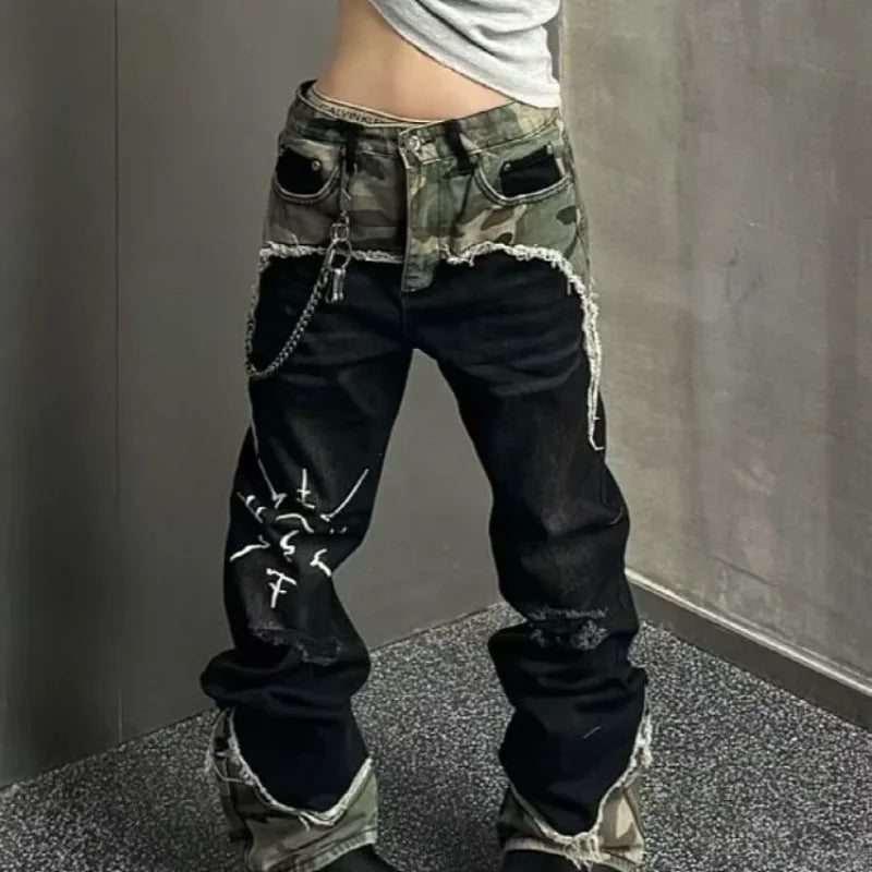 American Street Vintage Washed Camouflage Stitching Jeans Men And Women Y2K High Street Hip Hop Straight Baggy Slim Pants Tide