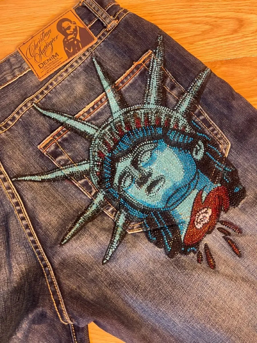 Y2k 2000s Statue of liberty Diamonds Denim Pants High Waist Straight Women Casual Wide Leg Jeans Harajuku Vintage Women Clothing - AMULET RING STORE