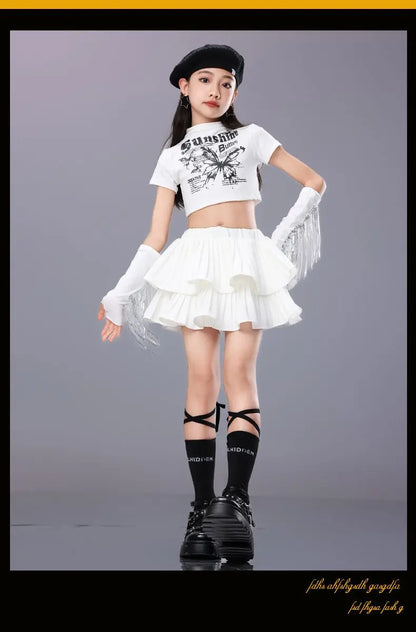 Hip Hop Girls Crop Top Plaid Street Dance Skirt Kids Ribbon Pleated Skirts Teens Jazz Cool Costumes Child Streetwear Clothes Set