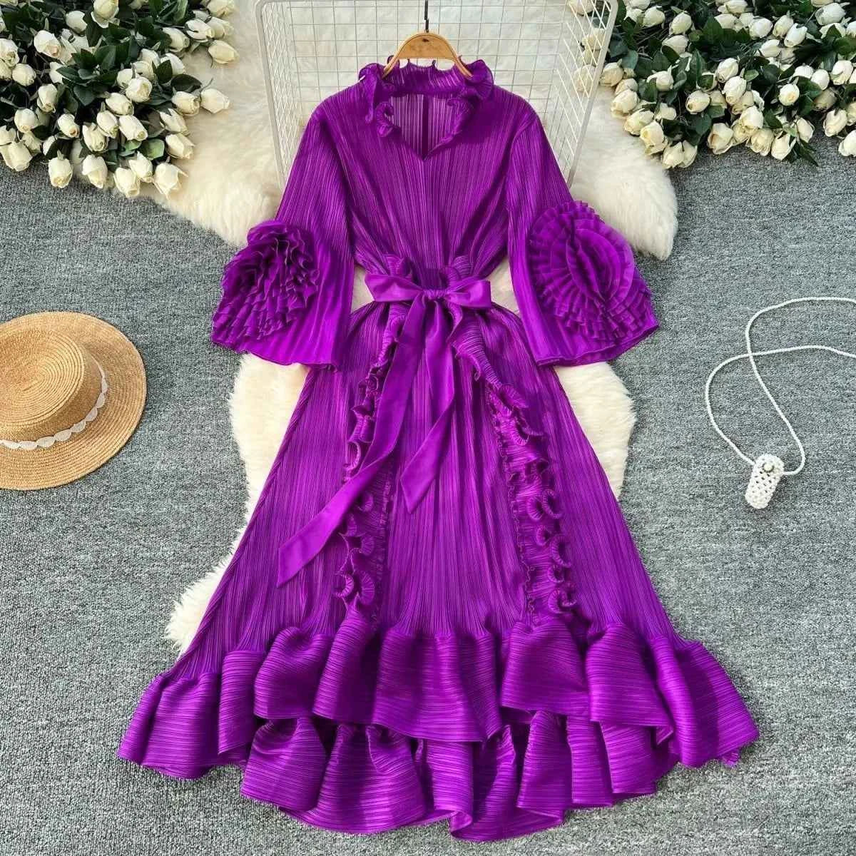 Miyaki Dress, Plus-Size, Ruched, with Fishbone Detailing, Ruffled Belt, Slim-Fit Midi Dress, Elegant and Casual A-Line Pleated Dress with High Elasticity