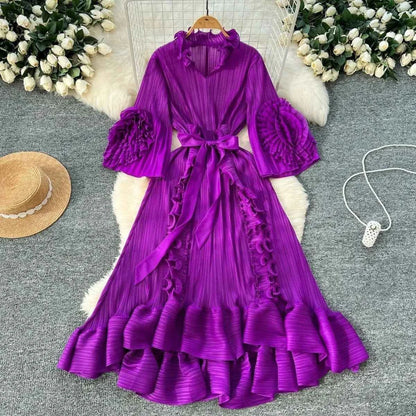 Miyaki Dress, Plus-Size, Ruched, with Fishbone Detailing, Ruffled Belt, Slim-Fit Midi Dress, Elegant and Casual A-Line Pleated Dress with High Elasticity