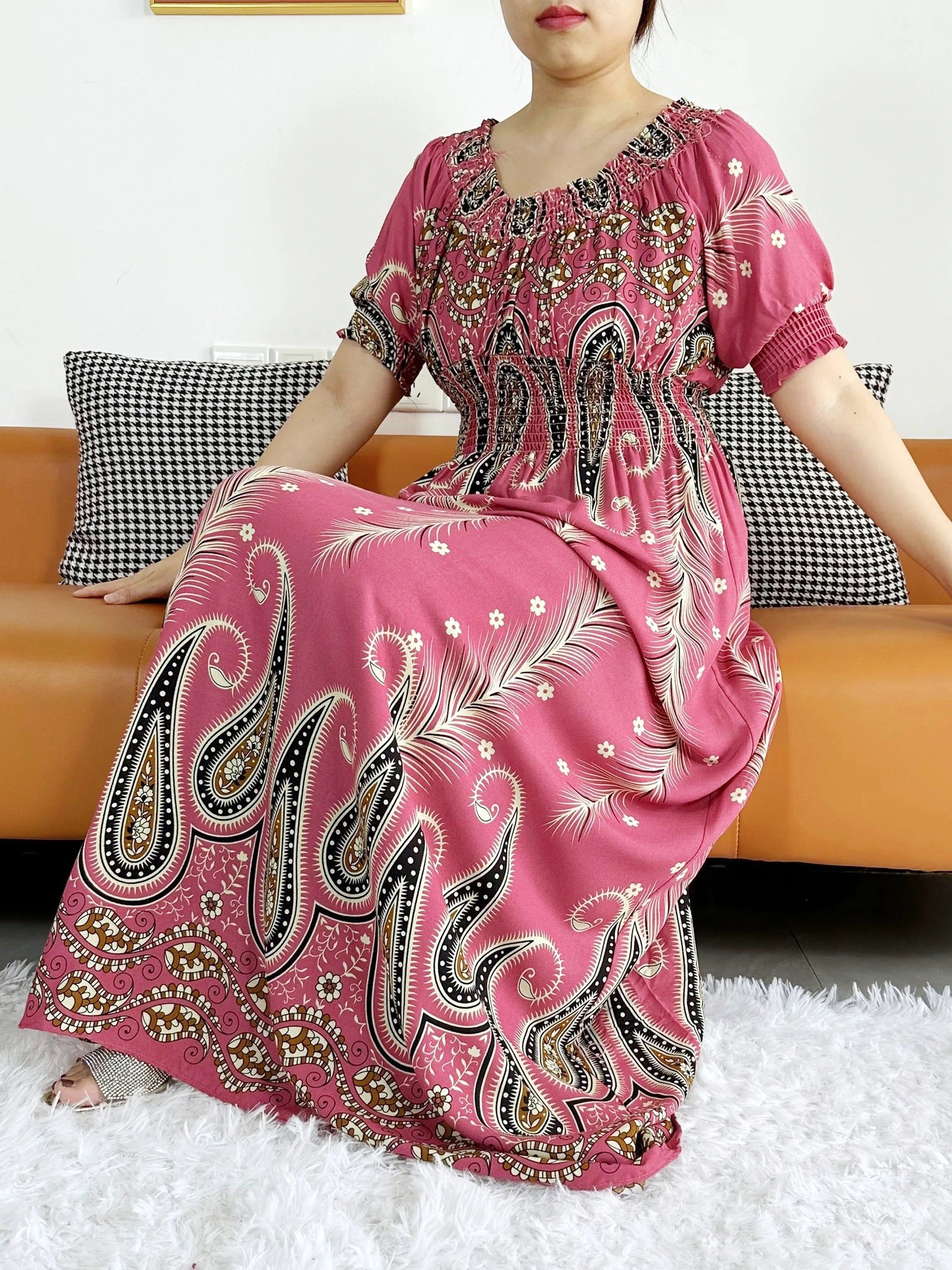 New Summer Women Abaya Short Sleeve Dashiki Floral Collect Waist Loose Maxi Robe Floral Femme Musulmane African Printing Abaya