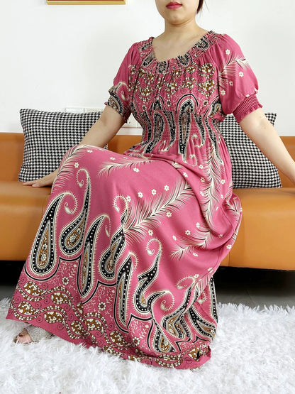 New Summer Women Abaya Short Sleeve Dashiki Floral Collect Waist Loose Maxi Robe Floral Femme Musulmane African Printing Abaya