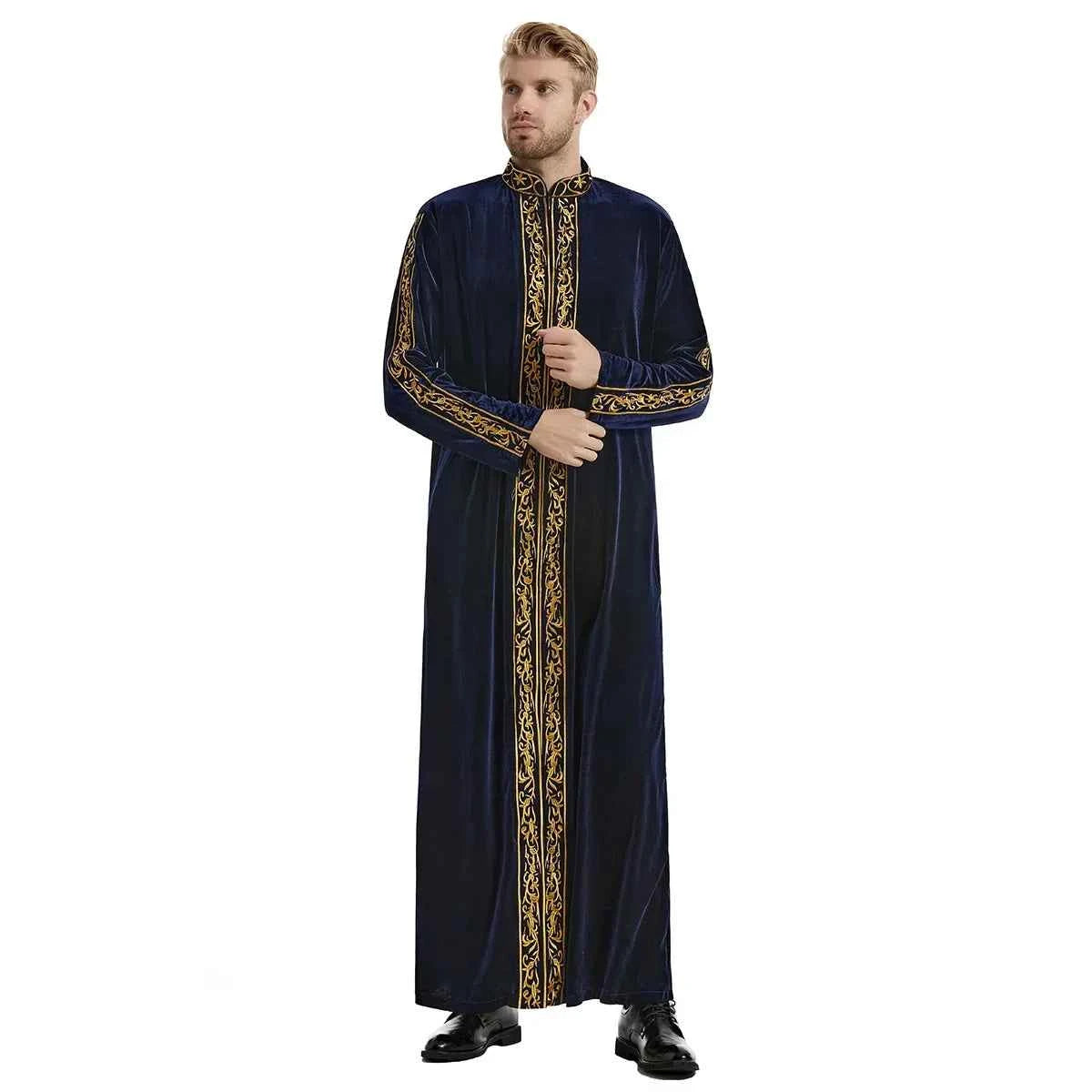2025  Muslim golden velvet embroidered robe hui thickened embroidered famous thobe for men