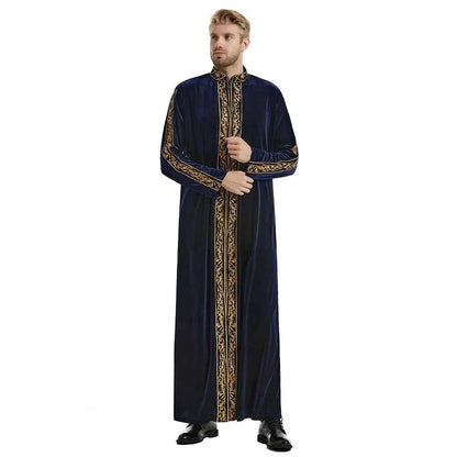 2025  Muslim golden velvet embroidered robe hui thickened embroidered famous thobe for men