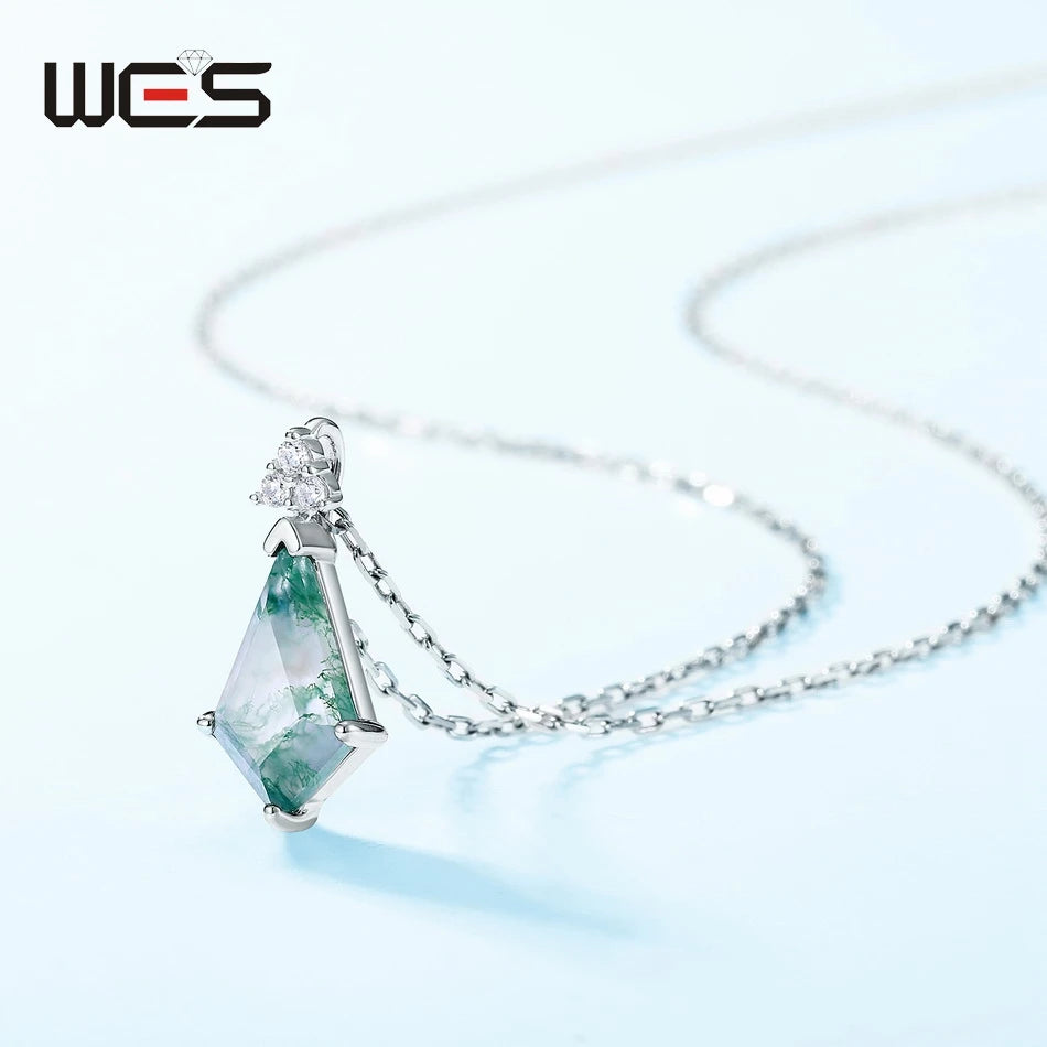 WES 100% 925 Silver Natural Unique Moss Agate Pendant Necklace for Woman Forest Jewelry Engagement Gift Boho Style Wholesale - AMULET RING STORE