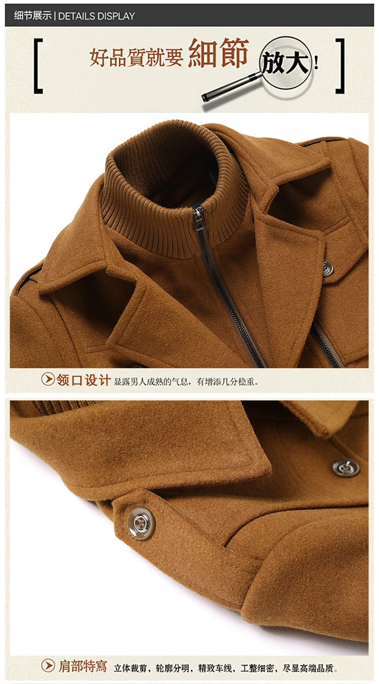 Men's Double Collar Wool Coat  Fashion Handsome Autumn Winter Business Style High Quality Middle-aged Men's Fashion Woolen Coat