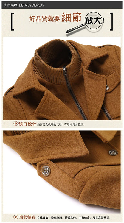Men's Double Collar Wool Coat  Fashion Handsome Autumn Winter Business Style High Quality Middle-aged Men's Fashion Woolen Coat