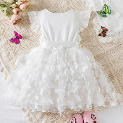 Toddler Baby Girls Clothes Elegant Floral Print Tulle Dress Summer Kids Princess Party Birthday Dress Butterfly Solid Mesh Dress