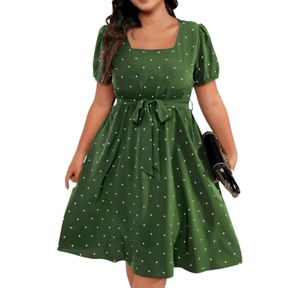 Plus Size Ladies Elegant Retro Polka Dot Waist Tie Square Neck Dress Classic Fashion Summer Short Sleeve Vacation A-line Skirt