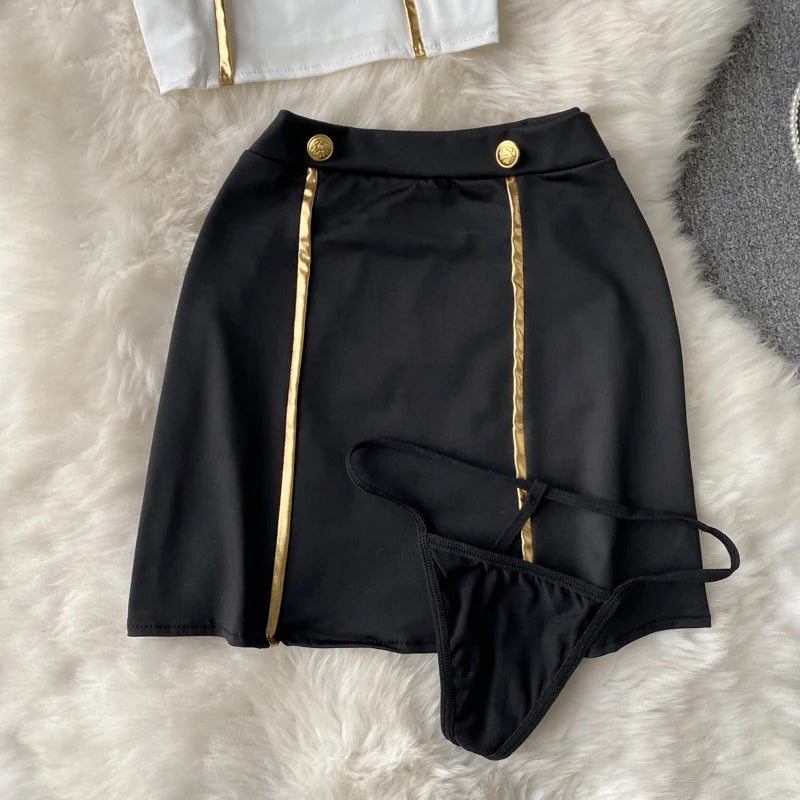 Women Sexy Hollow Skirts Suits Lace Patchwork Turn-down Collar Tops Mini Skirt Underpants 3 Pieces Erotic Pajamas Sets Cosplay - AMULET RING STORE