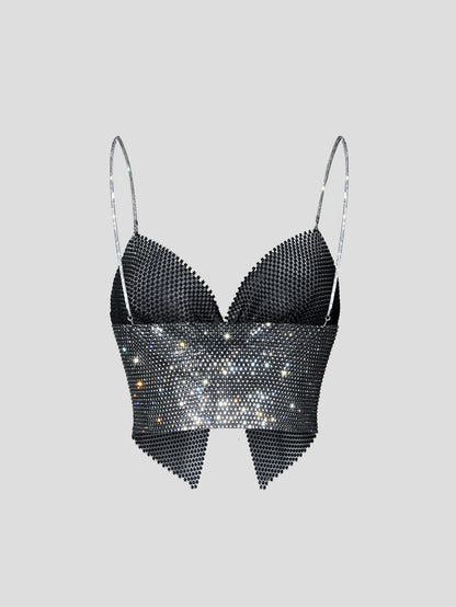 Summer Women Elastic Fishnet Crop Top Glitter Rhinestone Mesh Fine Flash Shoulder Strap V Neck Tank Top Rave Festival Camisole - AMULET RING STORE