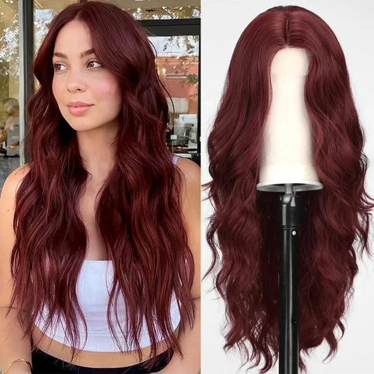 Red wine color synthetic wig with long curly hair, full head of wig, party, daily use, high-temperature hair wig - AMULET RING STORE