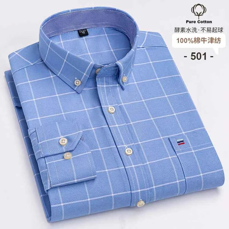 100% Cotton Oxford Men's Shirts Long Sleeves Plaid Soft Regular Fit Formal Dress Shirt Pocket Social Blouse Male Clothes S-7XL