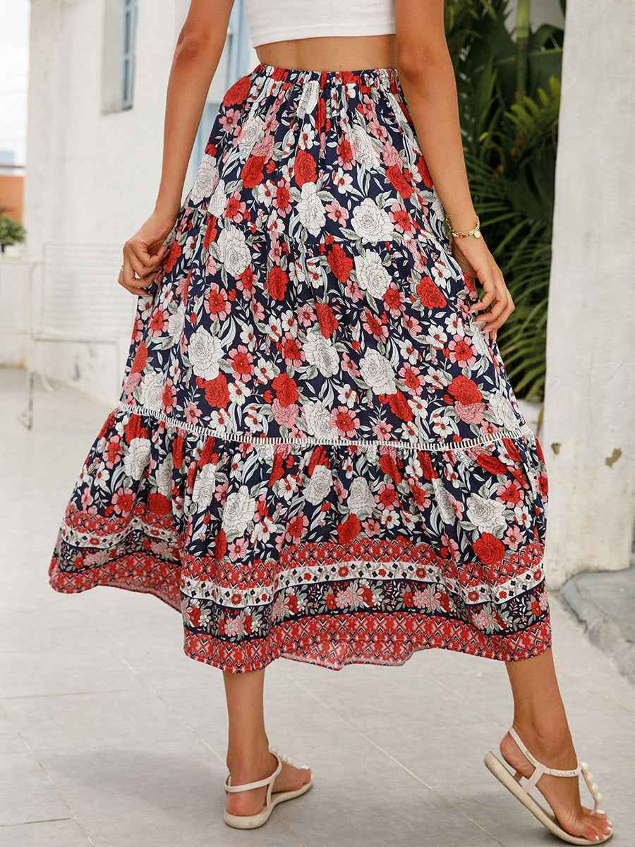 Women Long Skirt Elegant Elastic Waist Floral Flowy Summer Swing Skirt for Casual Daily