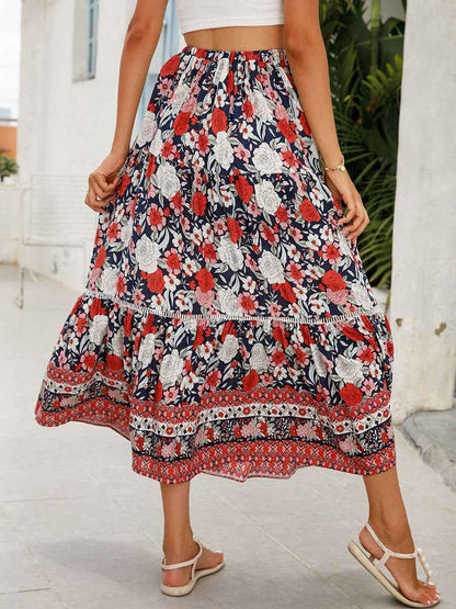 Women Long Skirt Elegant Elastic Waist Floral Flowy Summer Swing Skirt for Casual Daily