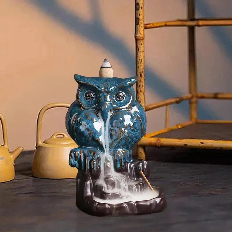 Waterfall Incense Burner Owl-Shaped Figurines Home Decor Waterfall Incense Holder Aesthetic Burning Pot Desktop Decorations For - AMULET RING STORE