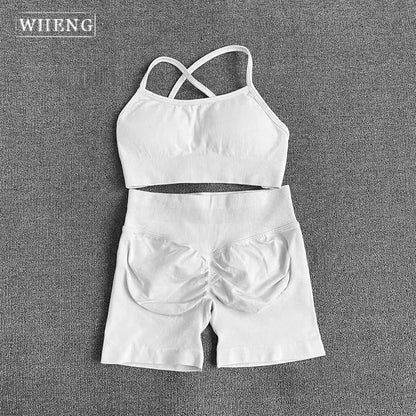WHENG Peach Hip Lifting Suit Back Cross Sports Bra Shockproof Bra Quick Drying Shorts Set Gym Fitness Running Yoga Suit