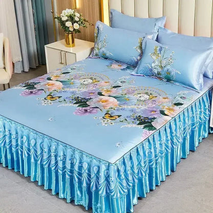 3Pcs/Lot Double Bed Sheet Set Classic Lace Royal Blue Bed Sheet Bed Skirt