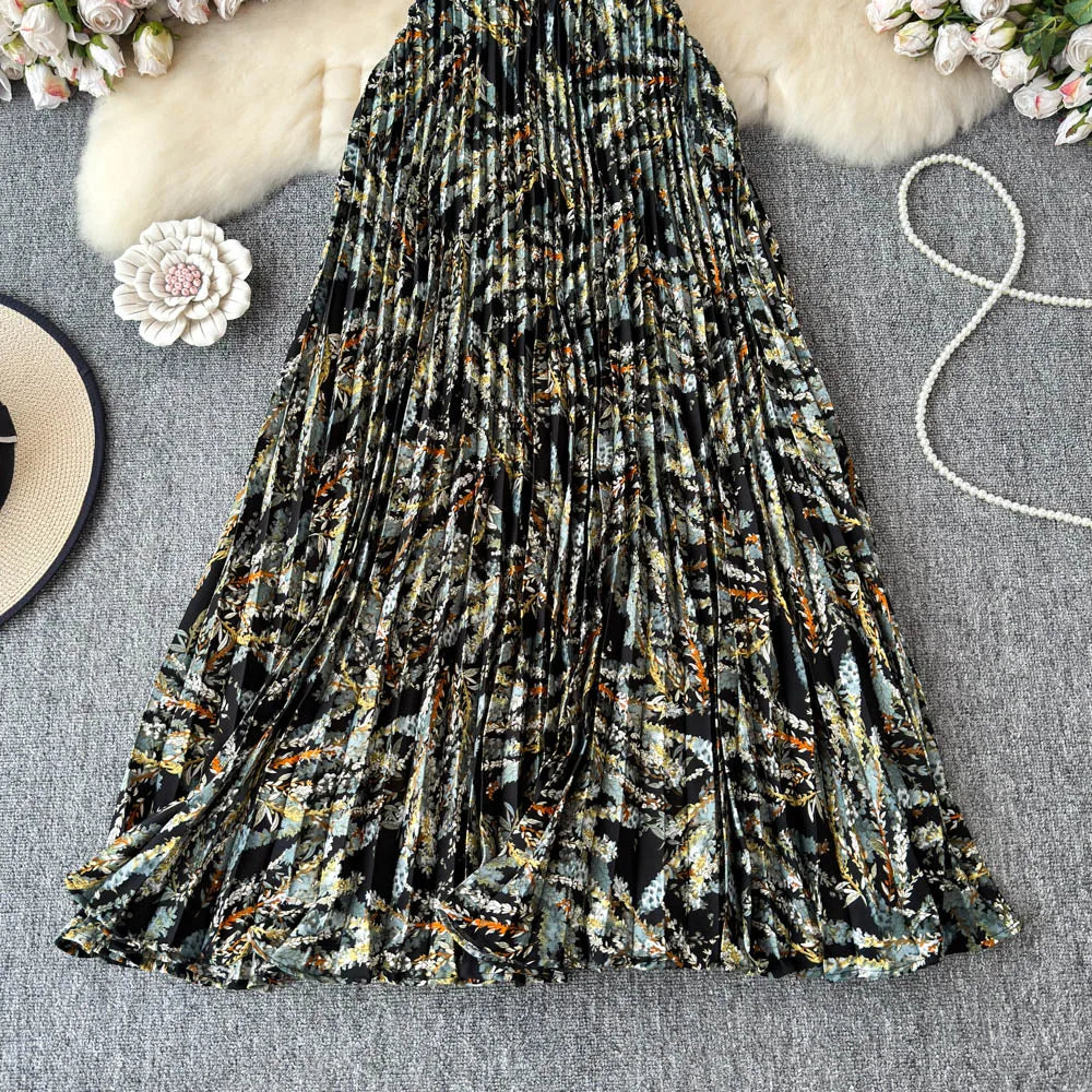 Chiffon A-Line Midi Skirt Women's Autumn 2025 New Sle Cover Hip Draped Large Swing Umbrella Skirt Pleated Floral Skirt