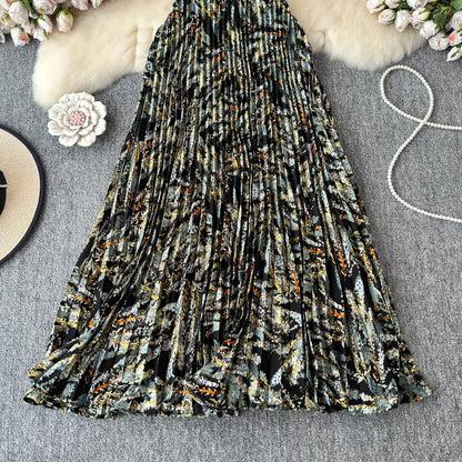 Chiffon A-Line Midi Skirt Women's Autumn 2025 New Sle Cover Hip Draped Large Swing Umbrella Skirt Pleated Floral Skirt