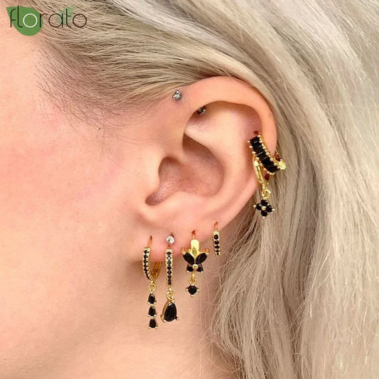 925 Sterling Silver Needle Fashion Round Pendant Small Earrings Luxury Gold Hoop Earrings for Women Premium Black Jewelry Gifts - AMULET RING STORE