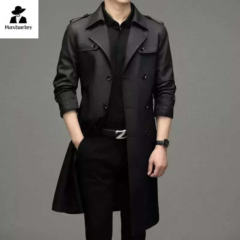 Brand Business Men's Windbreaker 2023 Autumn High-quality Khaki Navy Black Double-breasted Trench Coat Fashion Male New Clothing - AMULET RING STORE