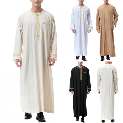 Traditional Muslim Clothing Men's Muslim Shirt robe embroidery Islamic Royalty Dubai Robe O-Neck Long Sleeve Retro Loose Abaya - AMULET RING STORE