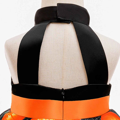 Baby Girl Halloween Costume 0-3 Yrs Little Girl Fantasy Dress Children Pumpkin Skeleton Print Fluffy Gown Kids Cute Orange Frock