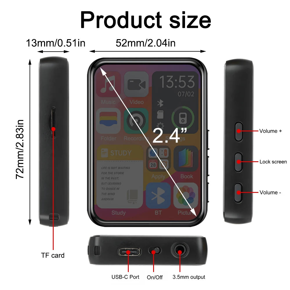 128GB HiFi MP3 Player with Bluetooth 5.4, Speaker & Touch Screen