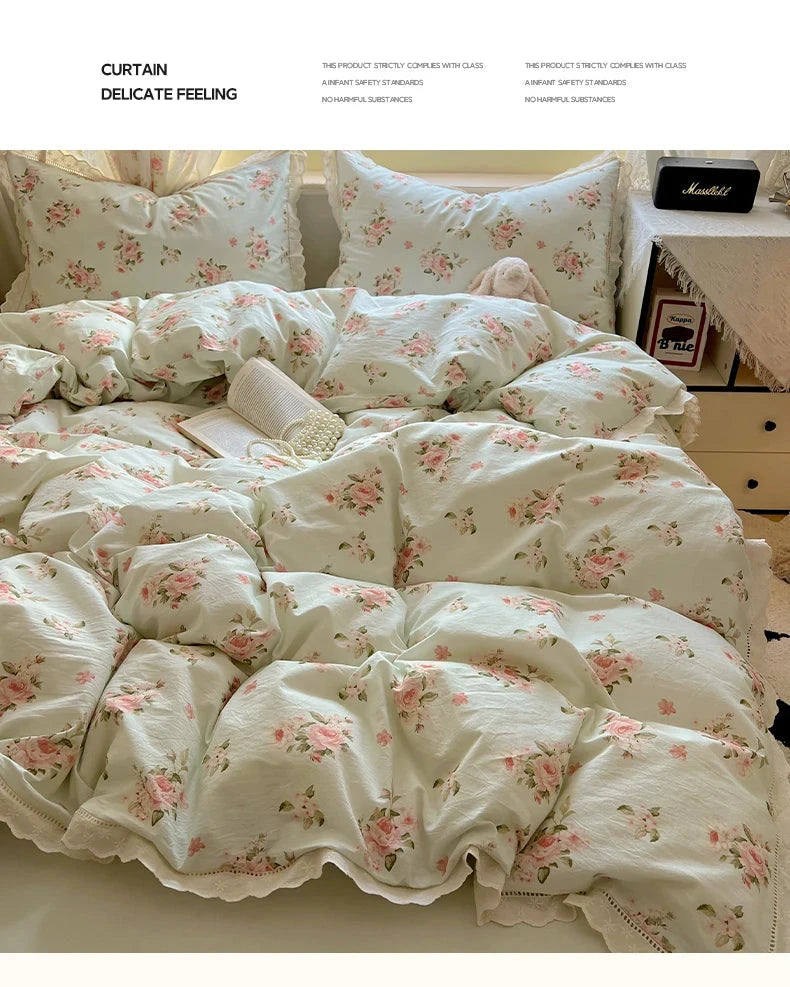 Washed Cotton Duvet Cover Sets Single/Queen/king Flower Printed Bedding Set Princess Style e housse de couette 220x240 with Lace - AMULET RING STORE