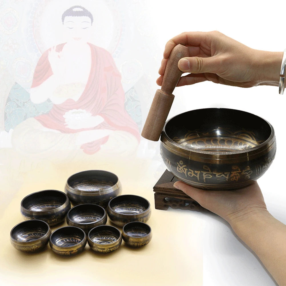 Buddha Sound Bowl Tibetan Bell Yoga Meditation Bowl Metal Singing Bowl Striker Chanting Bowl Brass Chime Handicraft Music - AMULET RING STORE