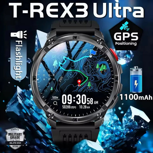 New Military T-Rex3 Ultra 1100mAh Battery Smart Watch 5 ATM Waterproof 1.7"AOD Compass GPS Sports tracker Outdoors Smartwatches