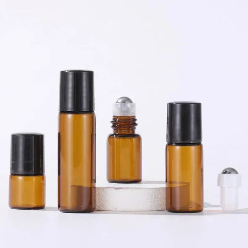 50pcs 1ml 2ml 3ml 5ml Glass Roll On Bottles For Essential Oils Amber Refillable Glass Roller Metal Oil Vials Mini Bottle - AMULET RING STORE