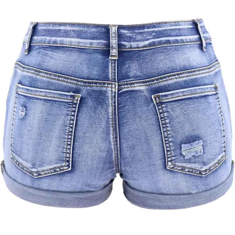 Women's Split Denim Shorts Summer Beach Wild Fashion Sexy Mid Waist Curled Cuff Perforated Elastic Slim Fit Casual Shorts