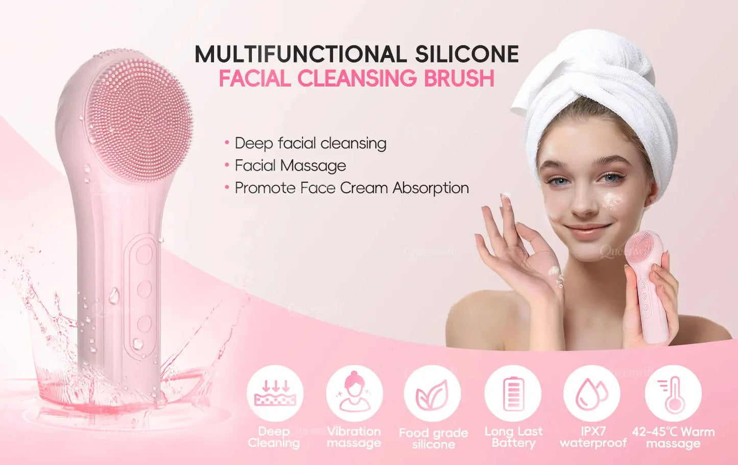 Electric Sonic Waterproof Facial Cleansing Brush Rechargeable Hot compress Deep Pore Cleaner Silicone Cleanse Skincare Device