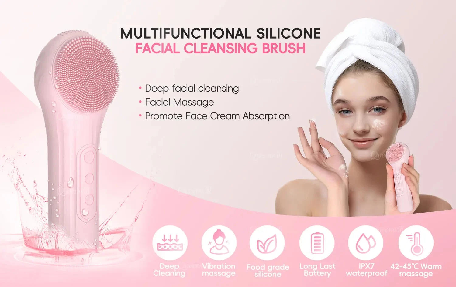 Electric Sonic Waterproof Facial Cleansing Brush Rechargeable Hot compress Deep Pore Cleaner Silicone Cleanse Skincare Device