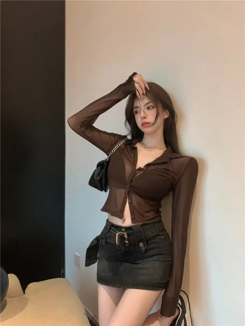 Bla Lace irt Sexy Thin Sun Protection Women's Summer New Pure Desire Versatile Slim ort Top Korean Sle Collar Lo... - AMULET RING STORE