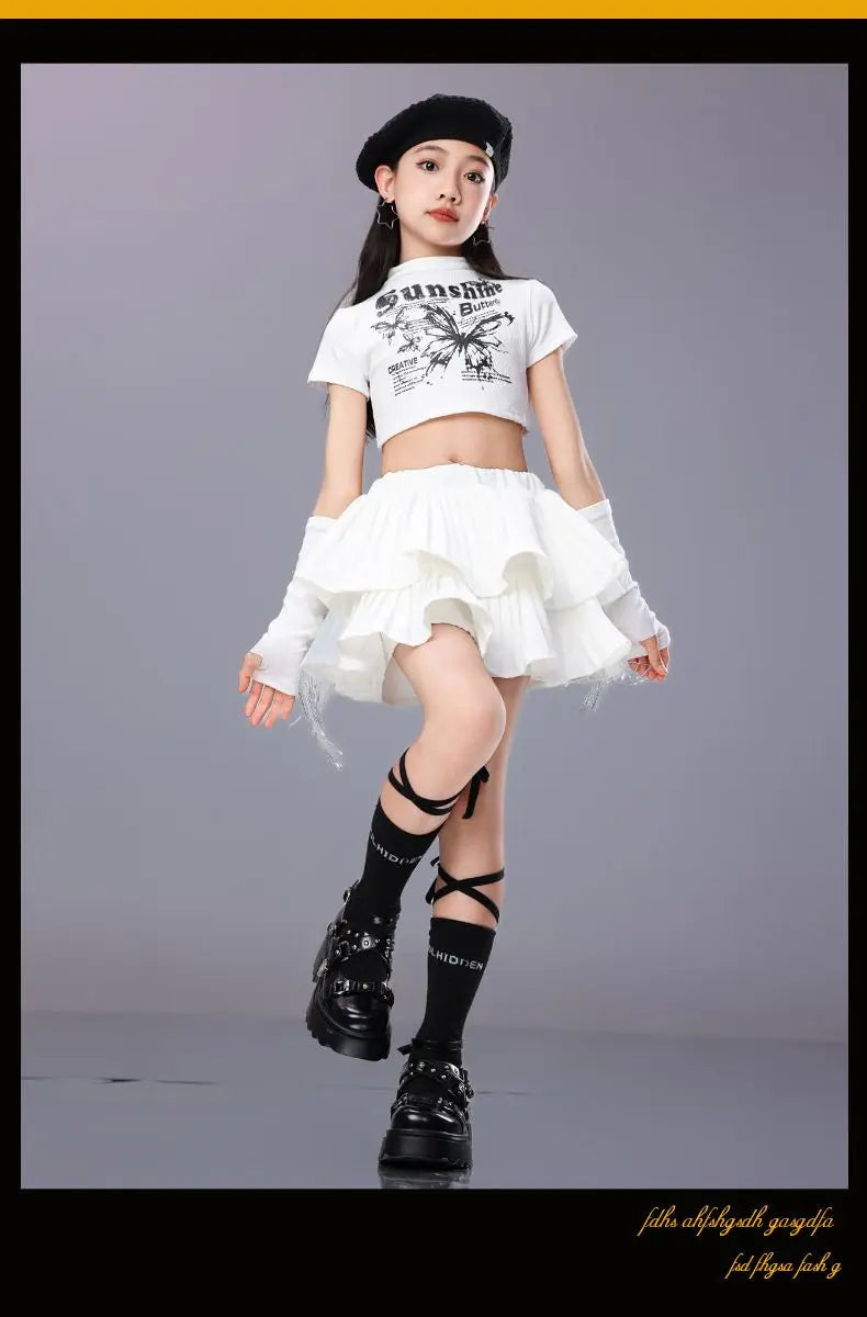 Hip Hop Girls Crop Top Plaid Street Dance Skirt Kids Ribbon Pleated Skirts Teens Jazz Cool Costumes Child Streetwear Clothes Set