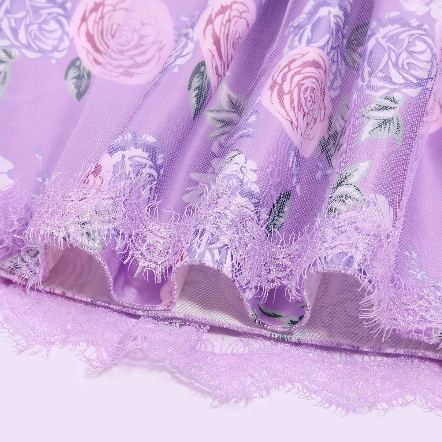 Floral attendant dress - Girls' printed lace lace-trimmed net dress for wedding - Flower girl short-sleeved princess puff-sleeve