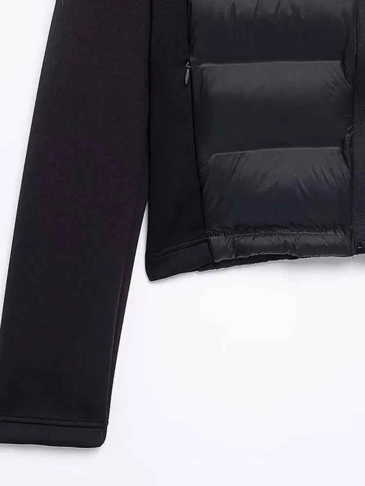 Hooded Patchwork Padded Jacket Coat with Pockets for Women, Long Sleeve, Front Zipper, Female Outerwear, Chic Tops, Fashion