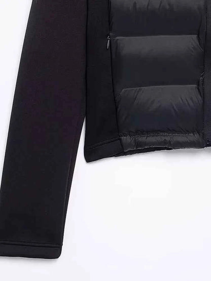 Hooded Patchwork Padded Jacket Coat with Pockets for Women, Long Sleeve, Front Zipper, Female Outerwear, Chic Tops, Fashion