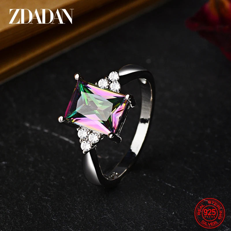 ZDADAN 925 Sterling Silver Square Aquamarine Ring For Women Fashion Wedding Jewelry