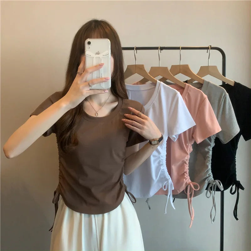 Drawstring Short Sleeve T-shirt Women Spring Summer Spicy Style Slim Fit Short Unique Top M L Xl 2XL Korean Casual Style - AMULET RING STORE